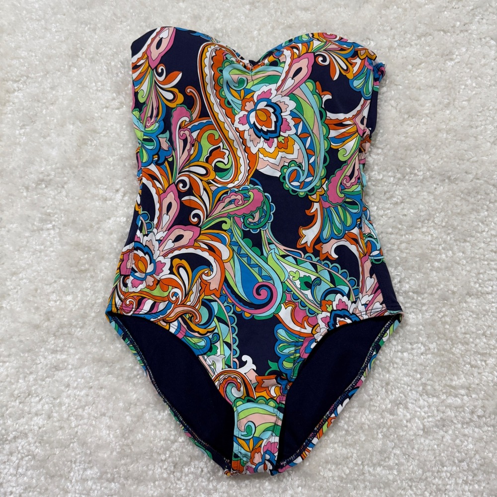 Tommy Bahama One Piece Swimsuit Women 4 Navy Paisley Strapless Cutout TSW91121P